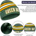 Vintage Classic Skull Cap 3D Embroidery Beanie Cuffed Winter Hat Knit Comes with Warm Gloves Fasion Gifts for Men Women Fans (Green Bay P)