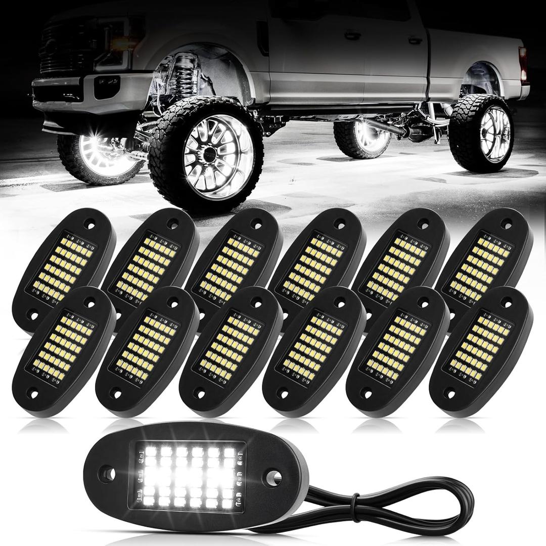Hovano 12 Pods White Rock Lights 6000K Pure White 36 LEDs SMD Chips Super Bright Neon Underglow Light IP68 Waterproof for Pickup Trucks SUV UTV ATV RZR Car Boats (White)