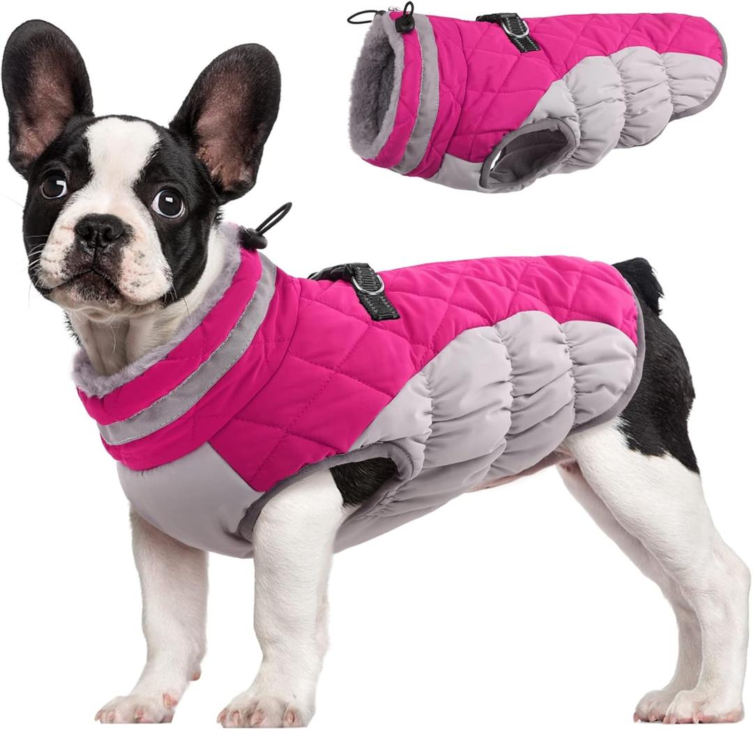FUAMEY Dog Coat, Medium, Pink, Faux Fur - Waterproof, Windproof, Reflective Cold Weather Coat with Built-in Harness, Fits Dogs 11 lbs and Up (M(chest:21in), Rose Red)