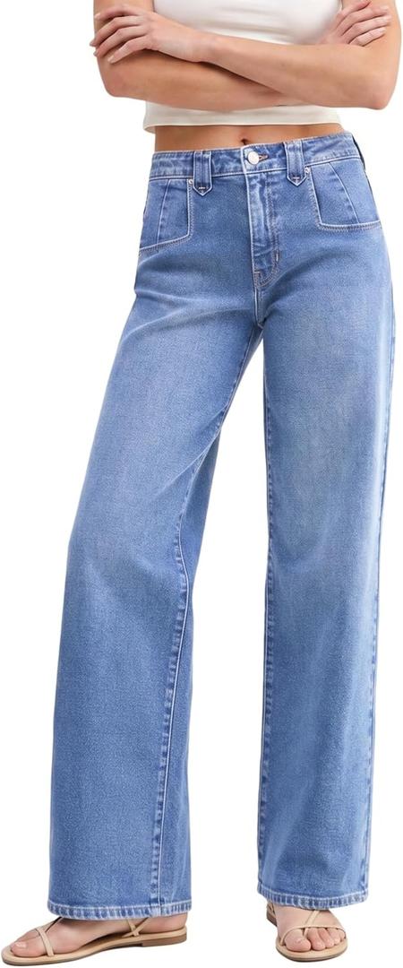 EMMIOL Baggy Straight Leg Jeans Women, Mid-High Rise Denim Pants, Y2K Vintage Distressed Stretchy Loose Fit with Large Pocket，Boyfriend Wide Leg Trousers Casual,Vintage Blue (Blue, XS)