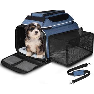 Petskd Top and Side Expandable Pet Carrier 18x11x11 Inches Delta United Airline Approved, SoftSided Carrier for Small Cats and Dogs with Locking Safety Zippers and AntiScratch Mesh(Blue)
