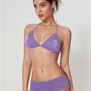 WDIRARA Women's Goth Skull Triangle Halter Bikini Top Rhinestone Tie Back Swimsuit Tops Swimwear (Purple, L)