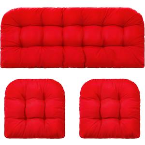 Barydat 3 Pack Outdoor/Indoor All Weather Tufted Wicker Chair Cushions 1 Loveseat and 2 U-Shape Rattan Waterproof Cushions for Patio Furniture, Rattan Love Seat, Bench(Red)