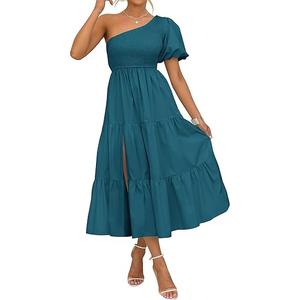 ZESICA Women's Boho Summer One Shoulder Short Sleeve Smocked Side Split Ruffle Swing Midi Dress (Large, Green)