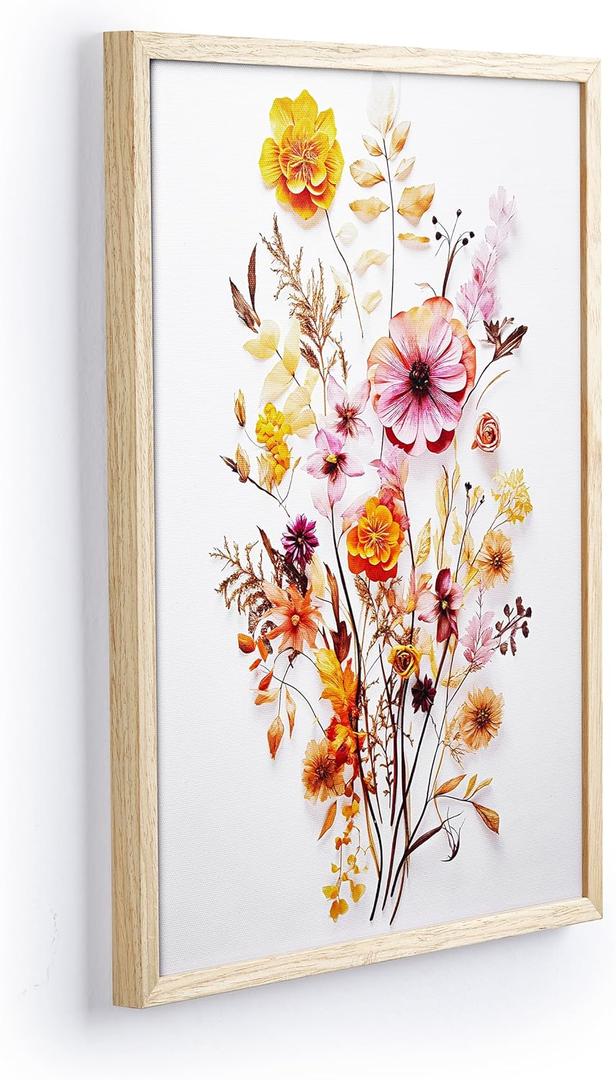 iHery Natural OAK Wood Framed Canvas Flower Bouquet Wall Art, 12x16 in Colorful Wildflower Botanical Modern Boho Home Decor For Bedroom Living Room Pack of 1 (16L" x 12W")