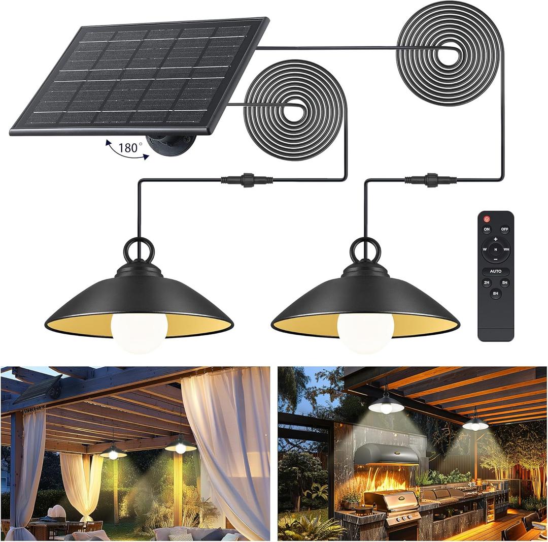 2 Pack Solar Pendant Lights Outdoor Indoor,3000K/4000K/5000K 4 Brightness Shed Light Remote Control, IP65 Waterproof, 300LM*2 LED Hanging Lamp for Chicken Coop Garden, Patio and Barn