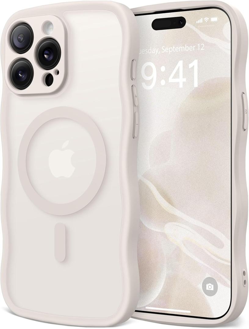 CAPRARO Cute for iPhone 15 Pro Case, Compatible with MagSafe, [Curly Wave Edge] [Full Camera Protection] [14 FT Drop Protection] Magnetic Phone Case for 15 Pro 6.1 Inch, Stone