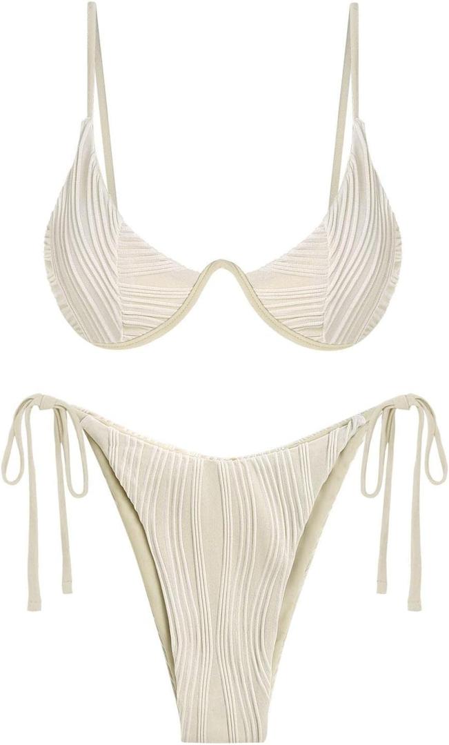 ZAFUL Women's Textured Underwire Bikini Set V Notch High Cut Swimwear Tie Side Ribbed Sexy Swimsuits (Beige, XS)