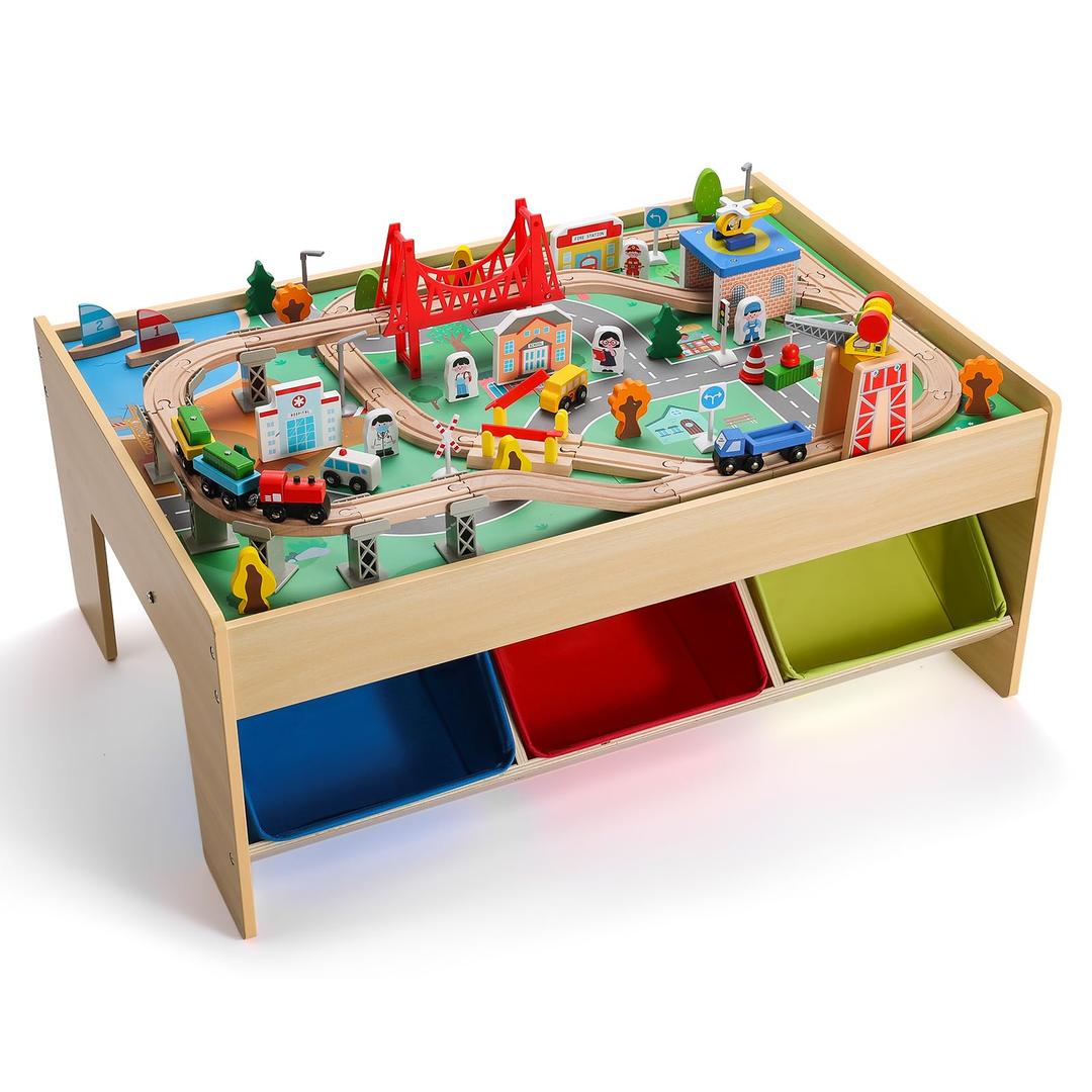 SainSmart Jr. Wooden Train Table – Kids Play Table with Built‑in Storage & Wooden Train Set | Toddler Activity Table Set for Ages 3+, Compatible with Major Wooden Train Brands
