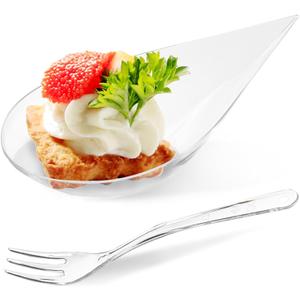TOFLEN 100ct Mini Appetizer Plates with Tasting Forks, 4 Inch Tear Drop Tasting Spoon Mini Dish Bowls, Clear Plastic Party Serving Hors D'oeuvres Plates for Desserts