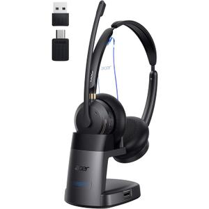 Wireless Headset with Mic for Work, AI ENC Noise Cancelling for Clear Call Meeting, Work Headset with Charge Stand for Remote & Office, Bluetooth 5.3 & 2.4G Dongle Headset for PC, Phone, Teams, Zoom