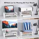 BONTEC Wooden Monitor Stand Riser, 2-Tier Desk Shelf with Storage Organizer, Ergonomic Computer Stand with Cable Management, Cellphone Holder, White, 16.5 Inch