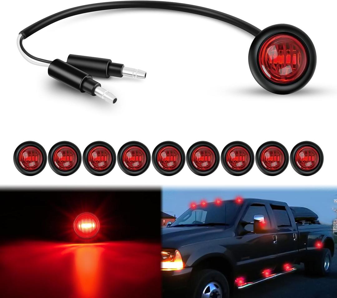 Nilight 3/4Inch Round Marker Light 10PCS Red LED Clearance 2 Connectors Side Indicator Bullet Lights IP68 Waterproof for Trailer Truck Camper Van Boat Bus