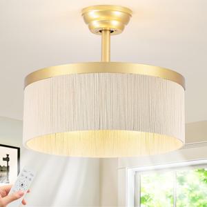 Boho Fandelier Caged Ceiling Fan with Light, Gold Rattan Chandelier Fan with Remote Control, 6 Speeds, Timer, Adjustable Height, Enclosed Design for Bedroom, Nursery, Foyer, Kitchen, Living Room