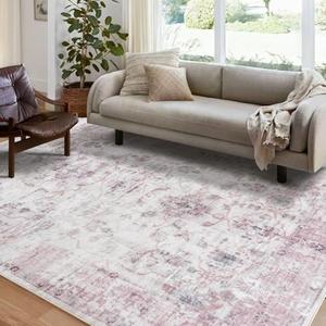 Syalife 8x10 Washable Area Rug, Ultra Soft Non-Slip, Low Pile, Stain Resistant Vintage Area Rug for Living Room, Boho Carpet for Bedroom, Dining Room, Office, Foldable Large Rugs, Pink/Muiti
