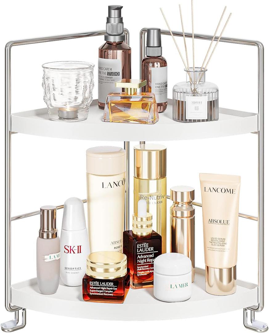 2-Tier Bathroom Corner Counter Organizer, Makeup Storage Shelf Vanity Tray, Bathroom Sink Countertop Organizer, Silver 2-Tier Bathroom Corner Counter Organizer, Makeup Storage Shelf Vanity Tray, Bathroom Sink Countertop Organizer, Silver