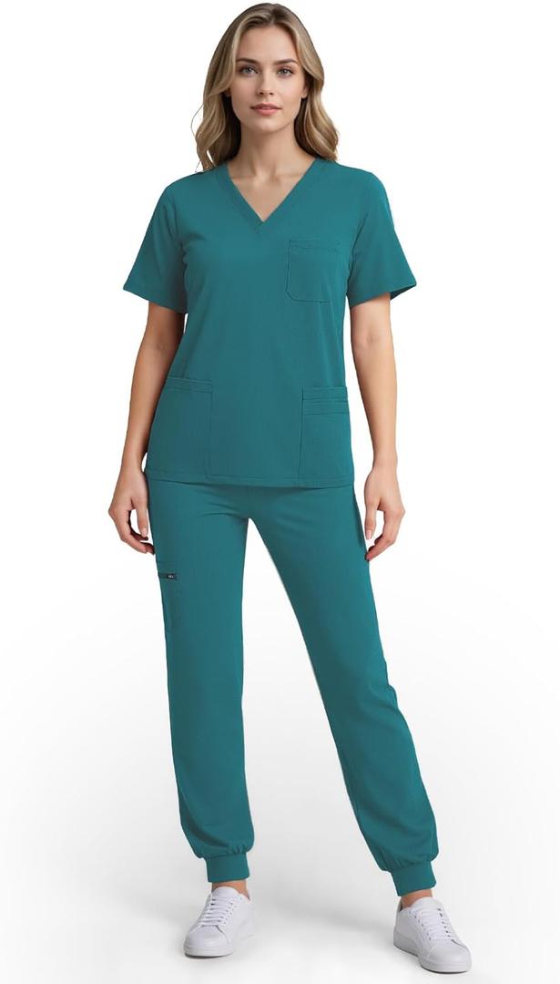 Scrubs for Women Set, Stretchy V-Neck Top & Jogger Pants with Multi-Pocket Yoga Waistband (XX-Large, Green)