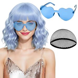 PLULON Light Blue Wavy Bob Wigs with Bangs Heart Sunglasses Hair Cap for Women, Colored Synthetic Hair Short Bob Loose Curly Shoulder Length Wigs for Costume Bachelorette Party Music Festival