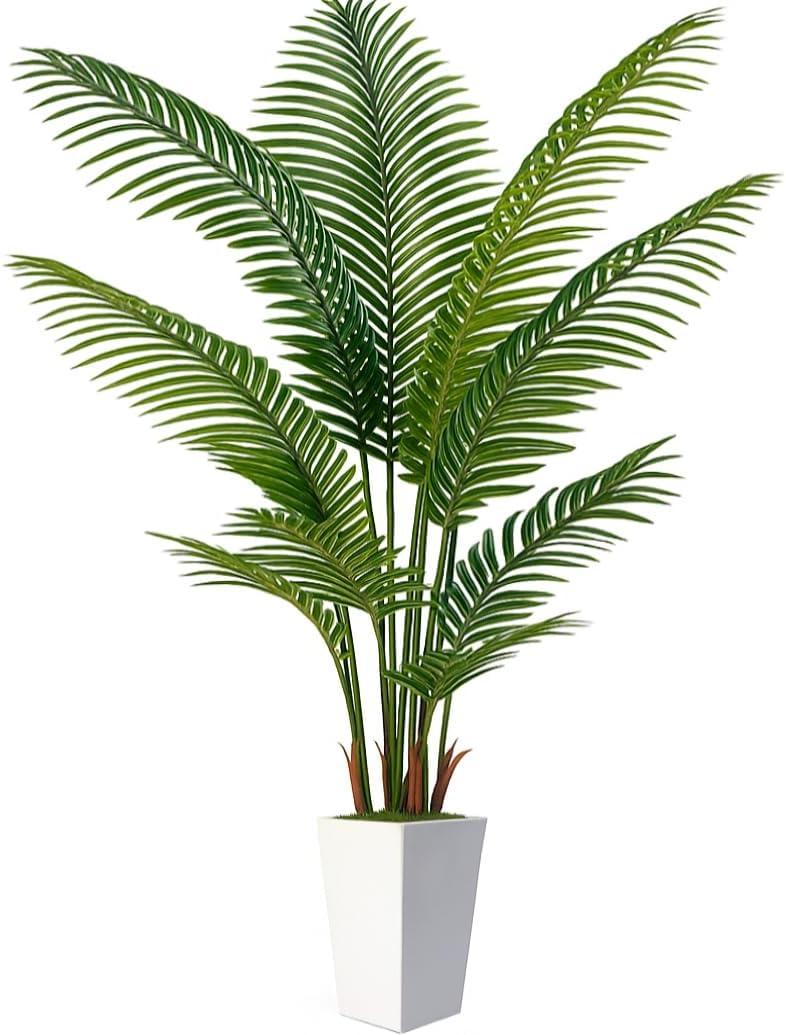 7FT Artificial Palm Tree, Tall Artificial Tree Plants with Fake Plants, Large Faux Plants Indoor with Lifelike Leaves for Outdoor Indoor Home Office Living Room Decor (White)