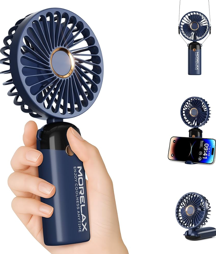 Morelax Handheld Mini Fan,USB Rechargeable Fodable Personal Fans 4000mAh,90 Adjustable, 6 Speed Strong Wind,Portable Fan Pocket Design 5 IN 1Cooling Table Fan for Office School Outdoor Travel,Blue