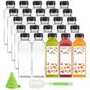GUSTO [16 oz. - 25 Count Reusable Plastic Juice Bottles With Caps, Labels, Brush, and Silicone Funnel - Clear plastic Bottles with Caps, Juice Containers with lids, for All Beverages