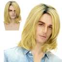 Short Mens 70s Blonde Yellow Hair Pelucas with Dark Root Synthetic Halloween Costume Realistic Wig