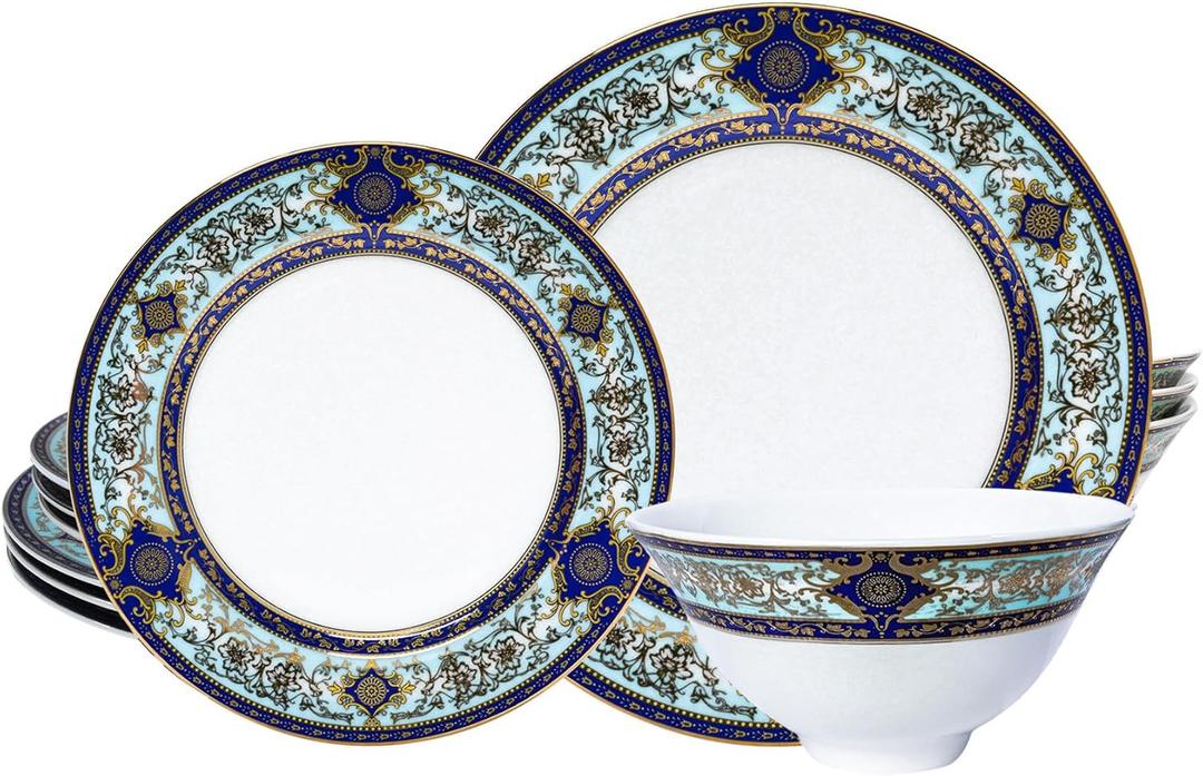 Fine Bone China Dinnerware Set for 4, 12-Piece Blue and White Porcelain Dinnerware Set (Blue C)
