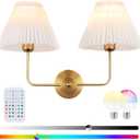 Double Light Battery Operated Wireless Wall Sconces with White Pleated Fabric lampshade, 2-Light Antique Brass Sconce for Bathroom Vanity Hallway Stairway Living Room (Gold)