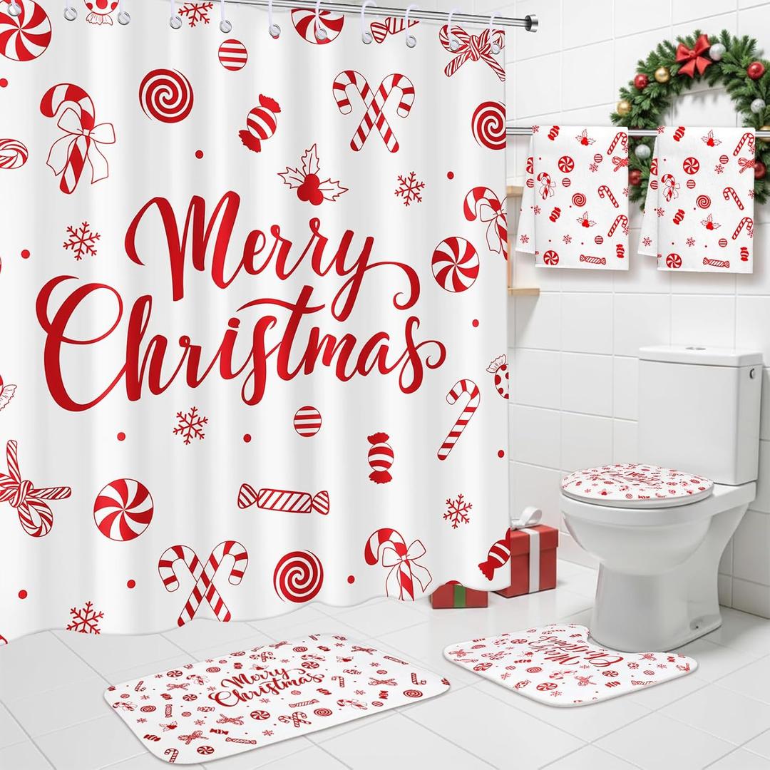 6 Pcs Christmas Candy Shower Curtain Sets Bathroom Set with Waterproof Shower Curtain 72 x 72 Inches Toilet Lid Cover Towel U Shaped Rugs Non Slip Bath Mat Hook for Bathroom Decor
