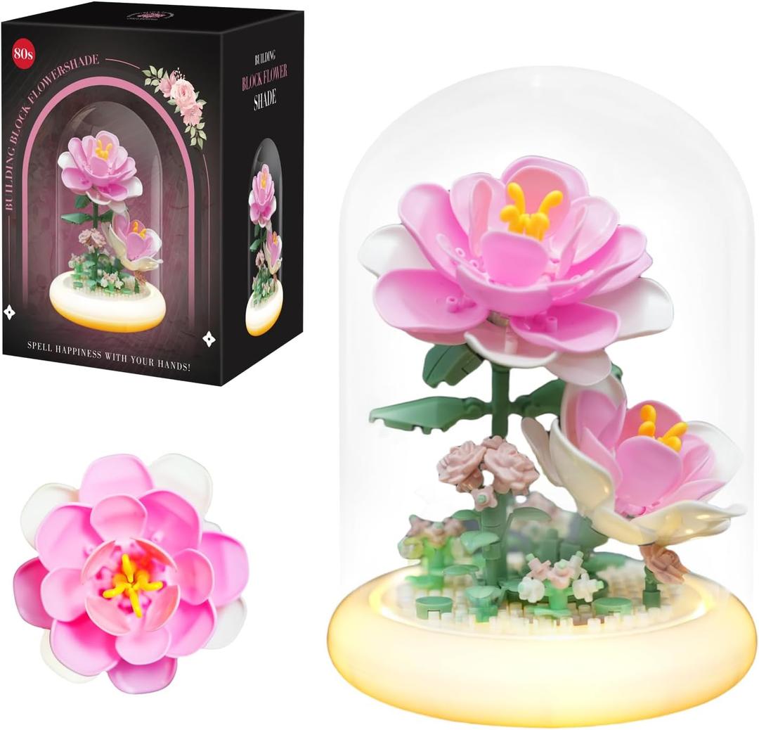 80S Pink Roses Building Toy Set, 158 Pieces with Lighted Base, ABS Dust-Proof Shell, DIY Gift for Kids & Adults, Perfect for Mothers Day, Birthday, Holiday  Creative Educational Building Blocks