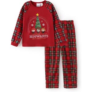 Harry Potter Pajamas Gryffindor Hufflepuff Slytherin Ravenclaw Hogwarts Crest Long Sleeve Shirt and Plaid Pant for Big Kid (6-7 Years, Red-1)
