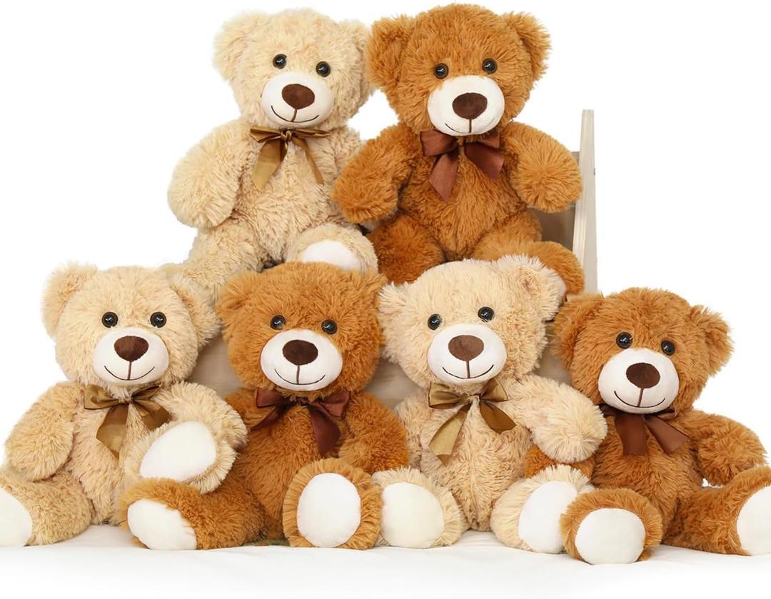 MorisMos 6Pcs Teddy Bears Bulk Baby Shower, 14inch Cute Teddy Bear Stuffed Animals Plush, Small Stuffed Bears on Centerpiece Baby Shower, Brown, Dark Brown