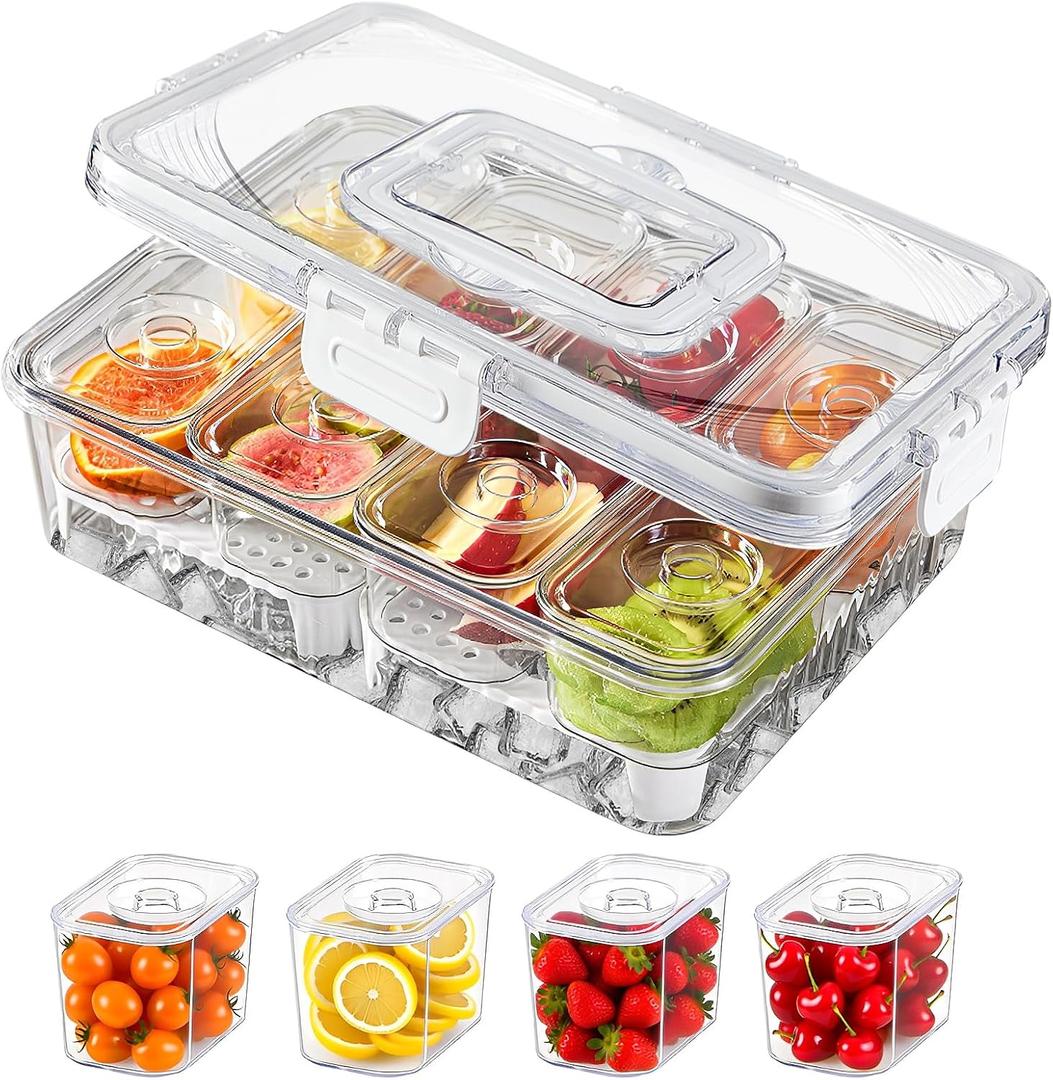 Snackle Box Container with Ice Pack ,8 Compartments Portable Serving Tray Snack Box with Ice Tray and Lid,Snack Box Keep Food Cold & Fresh Ice Chilled Platter (1 pcs 8 compartments with ice cube tray)