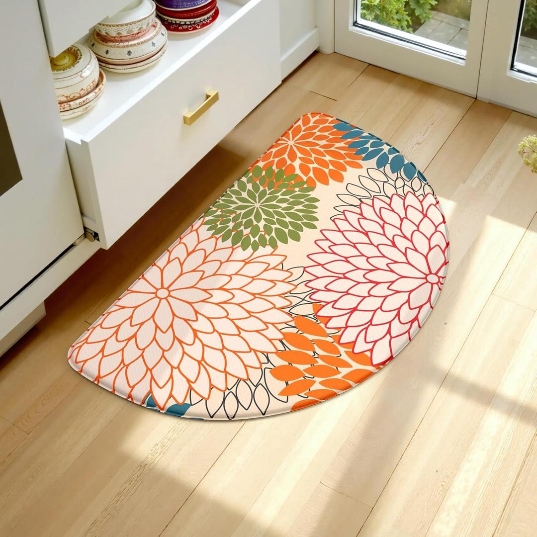 KIMODE Half Circle Kitchen Mats for Floor Cushioned Anti Fatigue,Semi Round Boho Kitchen Rug Non Slip,Waterproof Padded Kitchen Floor Mat Carpet Decor for Sink Laundry Bathroom,Colorful