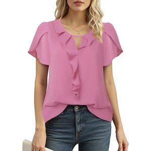 Messic Womens Shirts Dressy Casual Short Sleeve Tops Dressy Casual Blouses Summer Outfits Flowy Pleated Front V Neck M