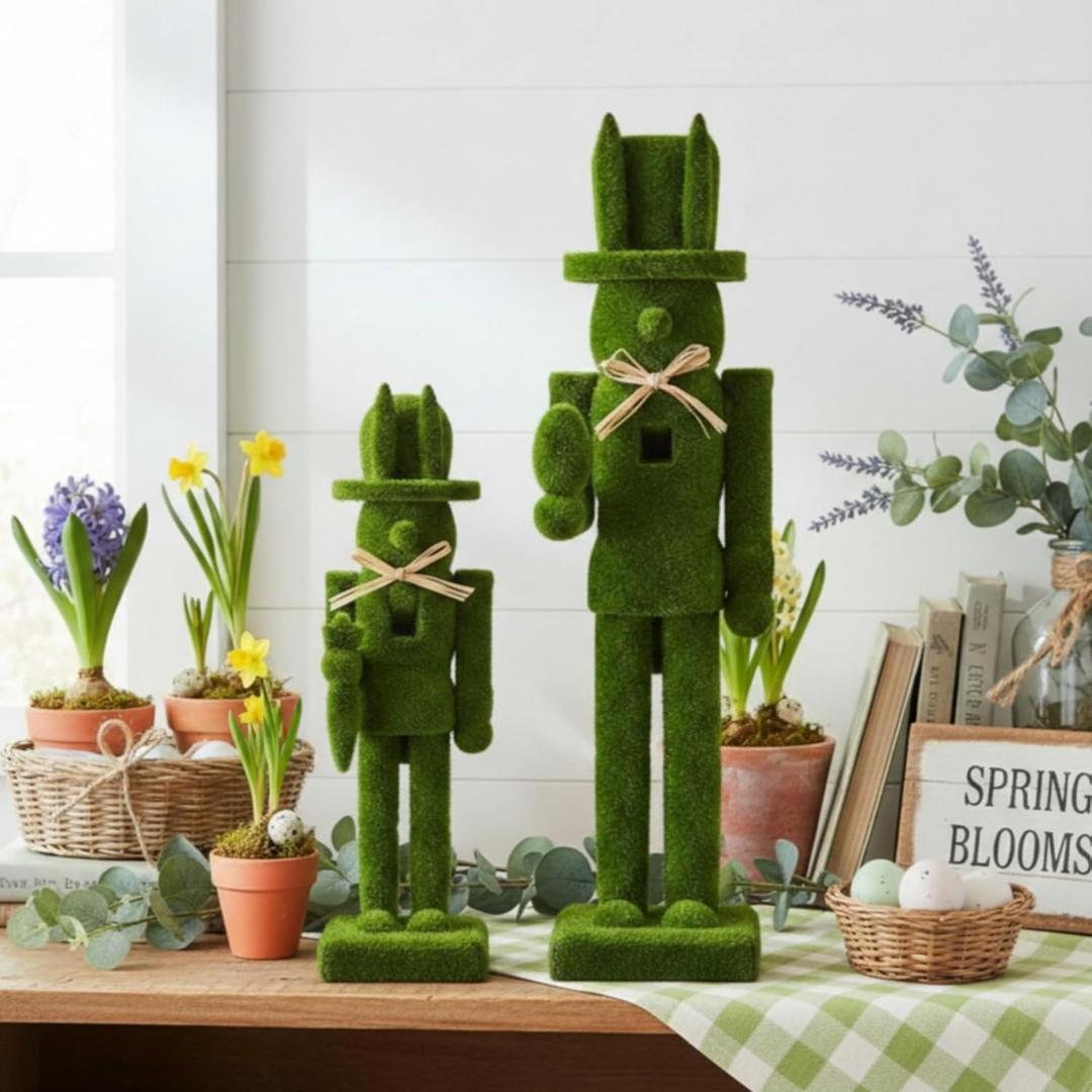 Weysat 2 Pcs Flocked Easter Nutcracker Figure Wooden Moss Nutcracker Figures with Straw Woven Bow Easter Ornament for Festival Party Gift Shelves Table Desktop Fireplace Decor, 10inch, 15inch