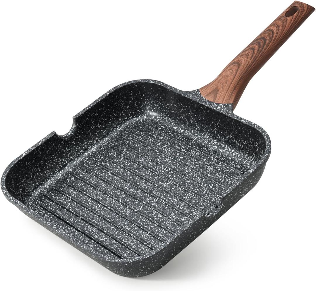 Nonstick Grilling Pan for Stove Tops, 11 Inch Square Grill Pan for Indoor Cooking, Granite Coating Grill Skillet with Pour Spouts, Versatile Griddle, Induction Steak Pan, PFOA Free