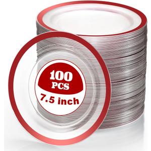 Tanlade 100 Pcs Clear Red Plastic Plates Bulk 7.5 Inch Disposable Heavy Duty Dinner Plates with Rim Round Salad Dessert Appetizer Dinnerware for Wedding Birthday Party Supplies