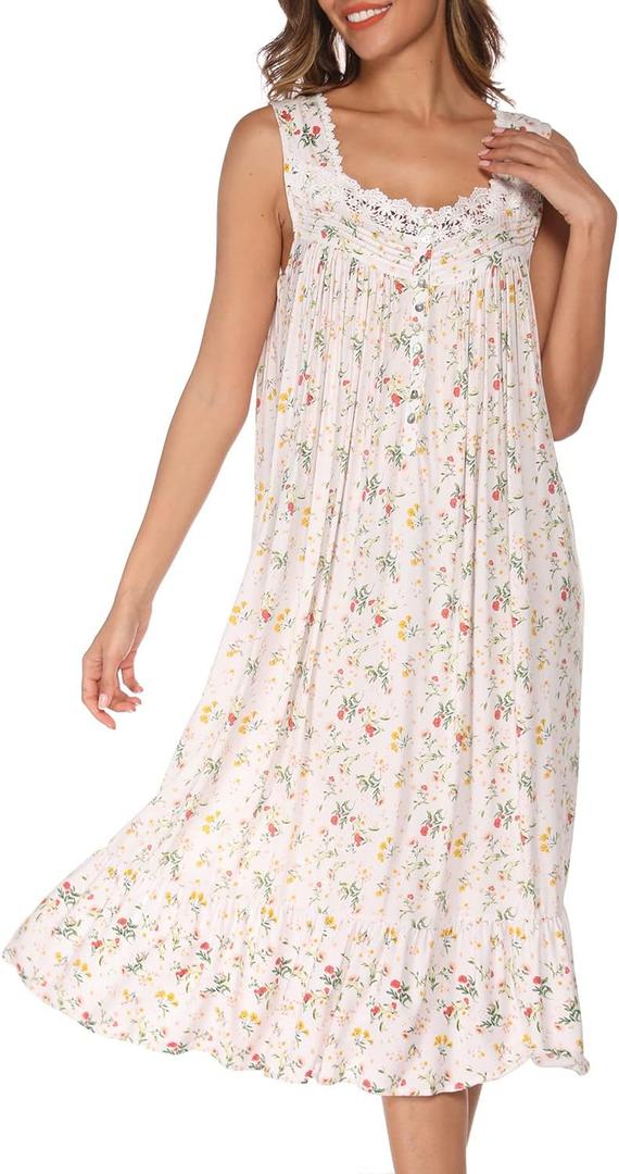 AVIIER Cotton Nightgowns for Women Sleeveless House Dress Ladies Long Nightdress with Pockets (White, L)