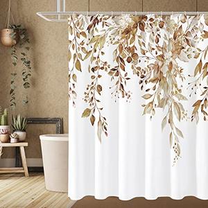 Gibelle Brown Eucalyptus Shower Curtain, Watercolor Plant Leaves with Floral Bathroom Shower Curtain Set, 72x72
