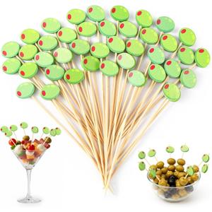 Tioncy 100 Pcs Green Olive Cocktail Picks 4.7 Inch Green Cocktail Toothpicks for Appetizers Decorative Bamboo Skewers Party Decorations Fruit Food Picks for Party Supplies
