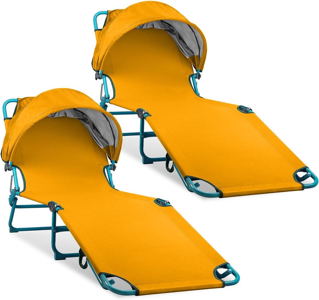 Colorsoul 2 Pack Tanning Chair with Sun Canopy,Adjustable 4-Position Beach Lounge Chair for Adults,Heavy Duty Folding Outdoor Lounge Chair,for Patio Poolside Sunbathing,UPF 50+,300 LBS,Yellow, 79 inches x 22 inches x 10.26 inches