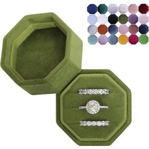 BLUTETE Velvet 3 Slots Jewelry Ring Box Engagement Wedding Box Keepsake Box Bridal Photo Ring Triple Slots Octagon (Olive Green)