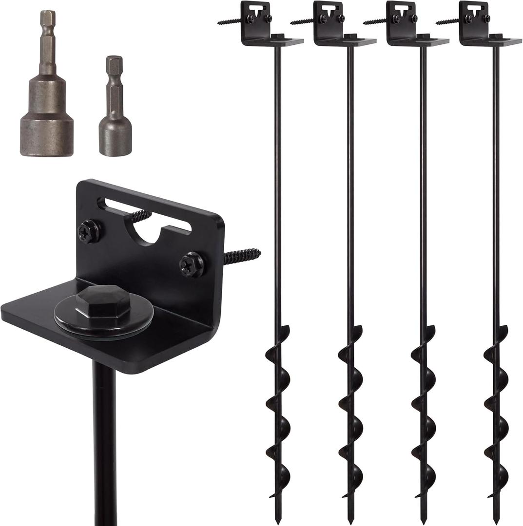 VASGOR 24 Mobile Home Anchors - Ground Anchor Screw in with Brackets and Adapter for Drill - Earth Anchors - Storage Shed and Swing Anchor Kits (24" - 4pcs (Black))