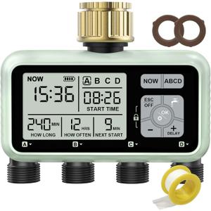 Watering Timer 4 Zone with Brass Inlet, Sprinkler Timer, Programmable Garden Outdoor Hose Faucet Timers with Rain Delay/Manual/Automatic Watering System, Water Hose Irrigation Timers 4 Outlet