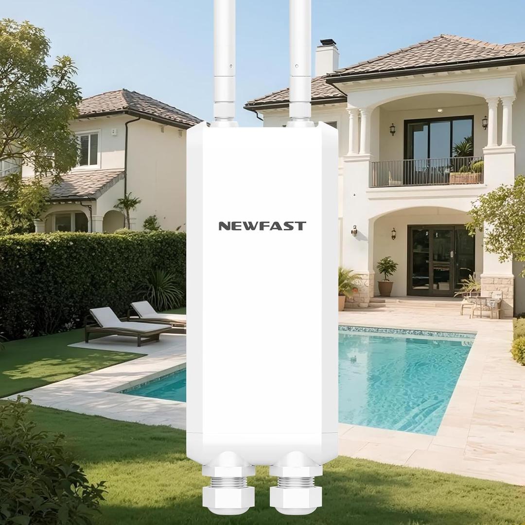 NEWFAST AC1200 Gigabit Outdoor WiFi Extender, Weatherproof Dual Band Outdoor Access Point Point with POE,2 Long Range Detachable Antennas, High Power WiFi Extender Signal Booster for Farm, Factory (White)