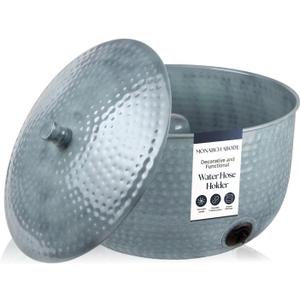 Monarch Abode Garden Hose Holder with Lid – Decorative Water Hose Holders for Outside, Hand Hammered Metal Patina Pot with Drainage, 100ft Waterhose Holder for Outside, Garden Storage Caddy
