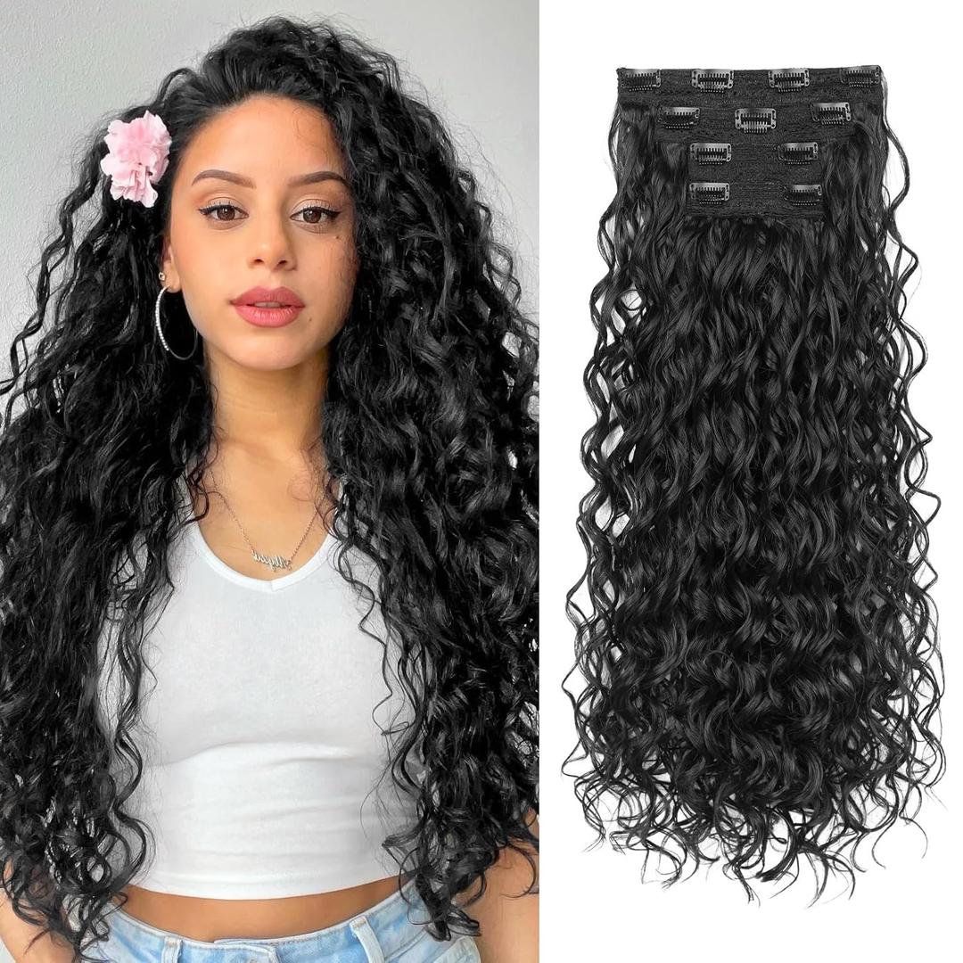 REECHO Curly Hair Extensions, 4PCS 24 inch Clip in Hair Extensions Lace Weft Short Curly Extensions Clip Ins Invisible Natural Hairpieces for Women, Natural Black
