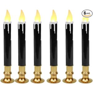 Black Gold Dripping Wax LED Window Candlestick – 9" Tall, 6-Pack Flameless Taper Battery Candles with Timer, Elegant Fall & Thanksgiving Décor for Table, Mantel & Window Displays