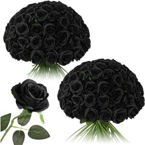 Tifuly 50 Pcs Black Roses Artificial Flowers Bulk,Realistic Long Stem Fake Silk Roses for Wedding Centerpiece Table Vases Party Home Kitchen DIY Bouquets Decor